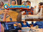 Group of friends enjoying the board game "Outsmarted!" while celebrating a win, featuring gameplay elements and a smartphone interface for interactive play.