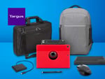 Targus laptop bags and accessories including a gray backpack, black briefcase, red tablet, external hard drive, wireless mouse, and stylus on a blue background.