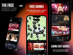 Mobile app advertisement showcasing features for finding free drinks and exploring nightlife. The screen displays a map with locations, promotional offers for free drinks, and guides for going out.