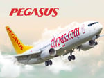 Pegasus Airlines airplane taking off against a cloudy sky, showcasing the airline's logo and website, pegasus.com.