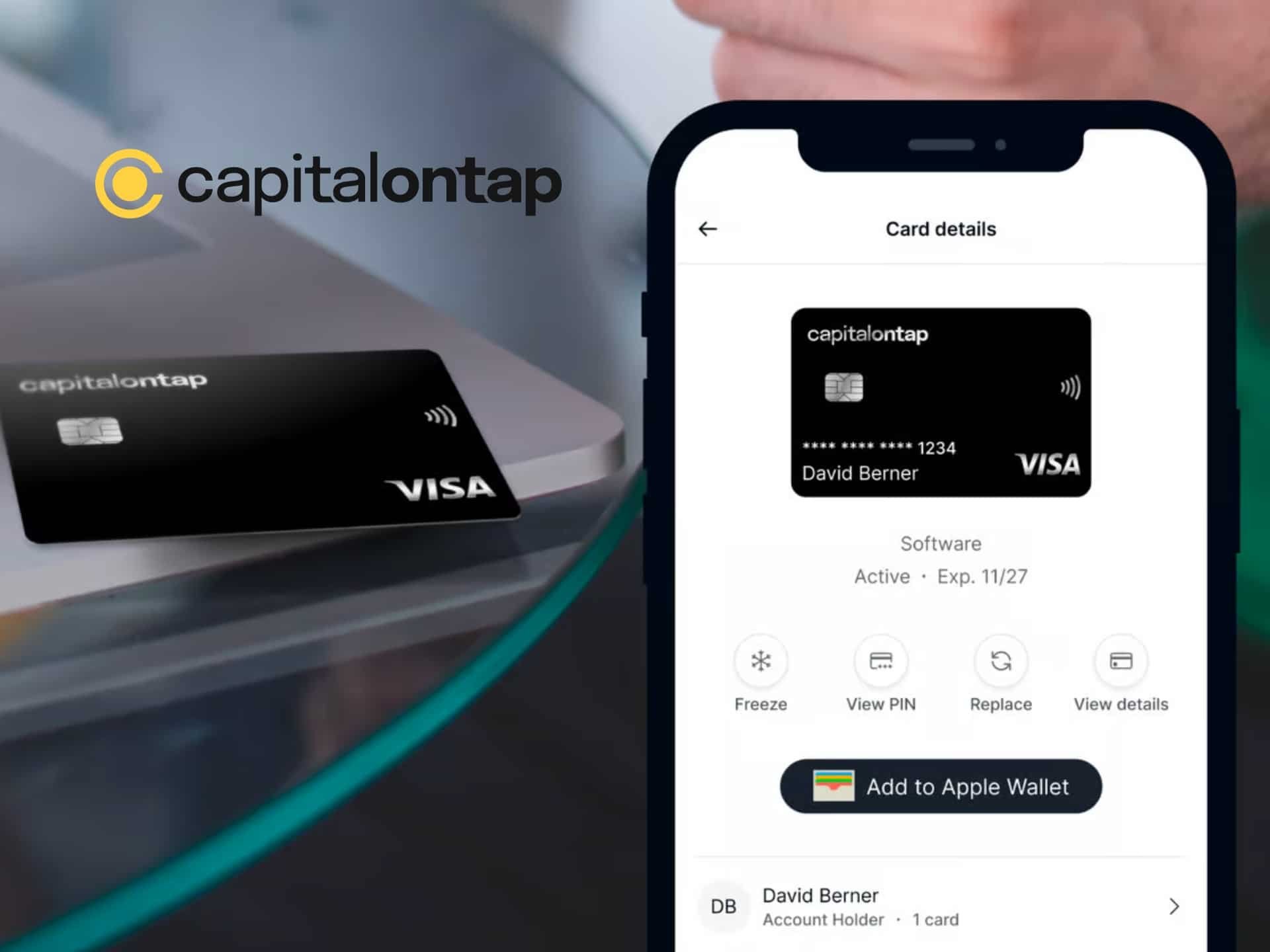Image showing a Capitalontap credit card alongside a smartphone displaying the Capitalontap app interface, highlighting features like transaction history and account management options.