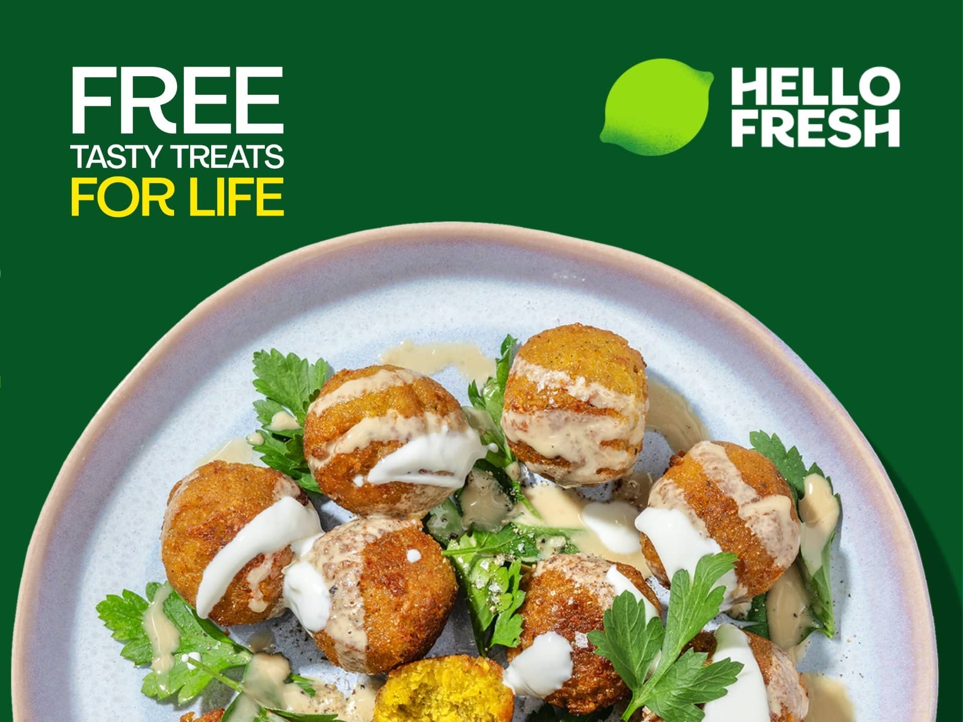 Plate of crispy falafel balls topped with creamy sauce and garnished with fresh herbs, accompanied by a vibrant salad, promoting HelloFresh's offer of free tasty meals for life.