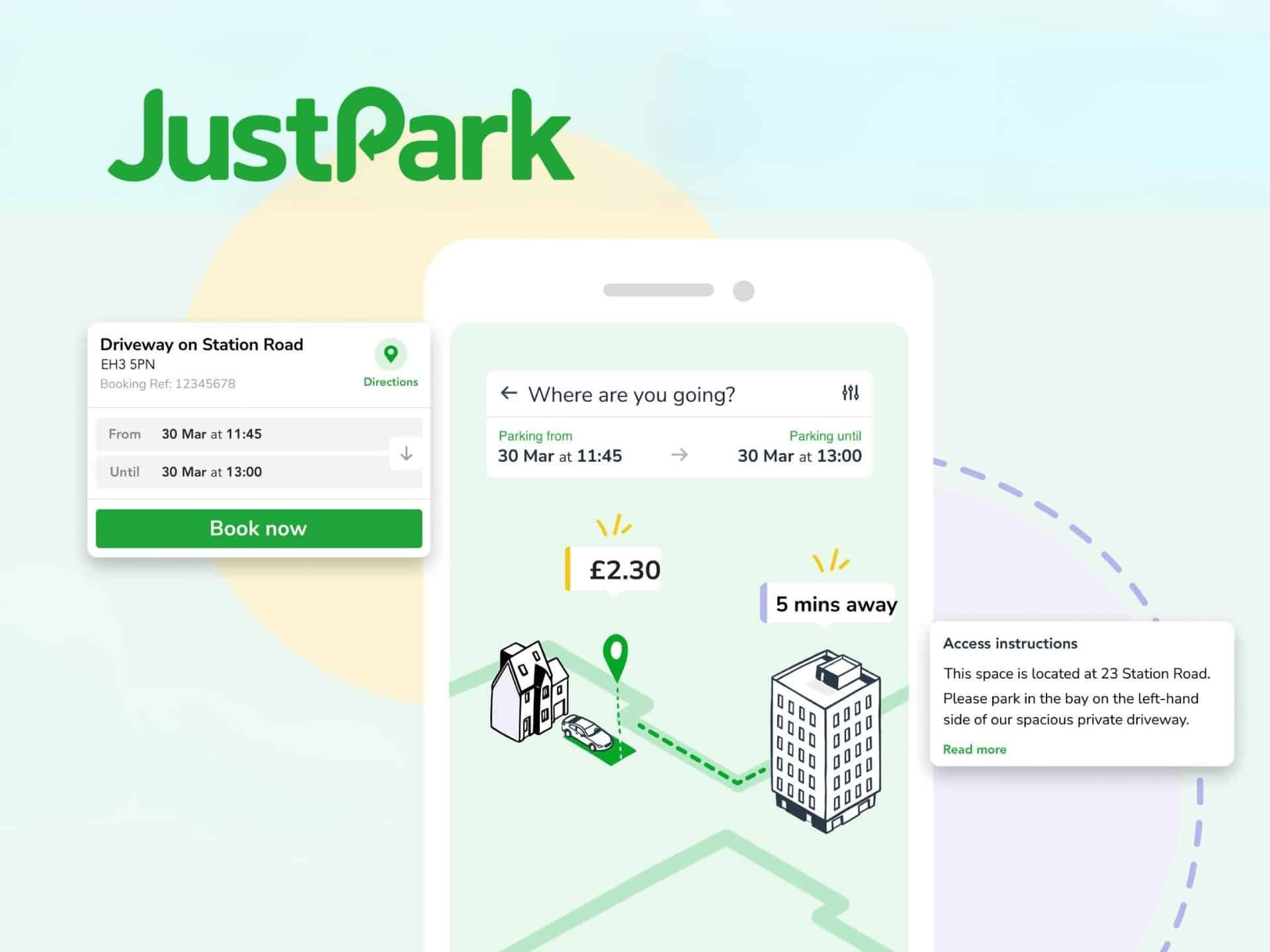JustPark mobile app interface showcasing parking options and pricing, with a map indicating available spaces near a building, designed for easy parking management and booking.