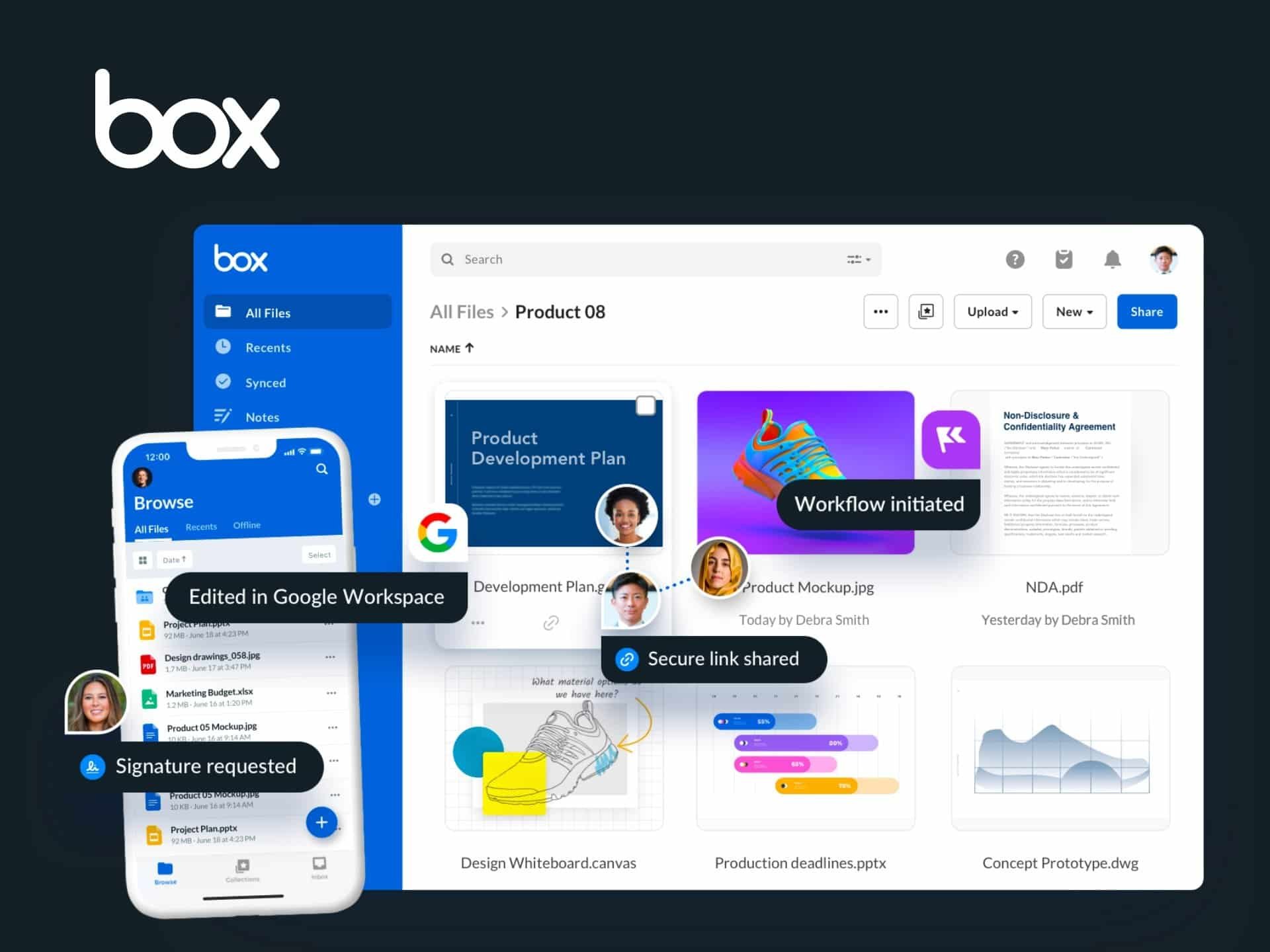 Box cloud storage interface displayed on a desktop and mobile device, showcasing file management features, collaboration tools, and user-friendly design elements.