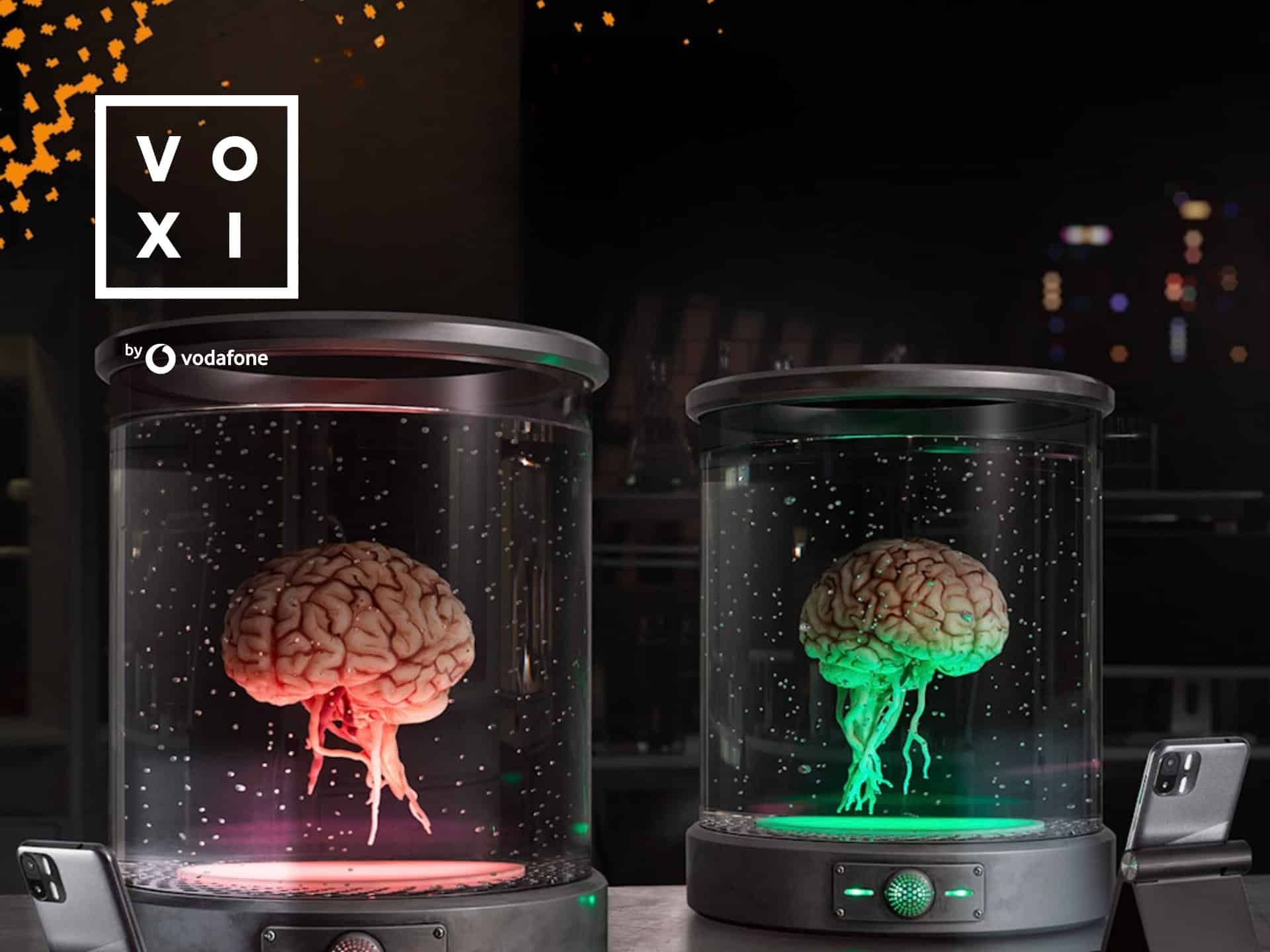 Image of two illuminated brain models in glass containers, one glowing red and the other green, set against a dark background with the VOXI logo in the top left corner. The display emphasizes innovative design and creativity in showcasing brain science or technology.