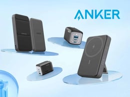 Anker charging products displayed on a blue background, featuring a wireless charger, portable power bank, and wall charger, showcasing innovative design and technology for efficient power solutions.