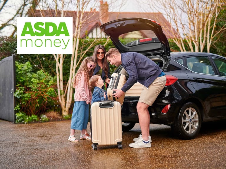 Happy Family Loading Luggage Into A Car For A Vacation, With Asda Money Logo In The Corner, Showcasing Travel Preparation And Family Bonding.
