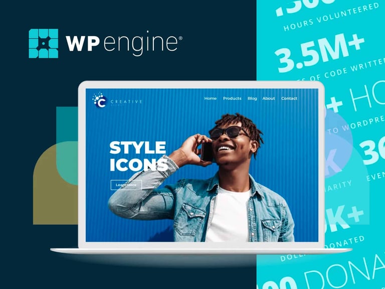 A Young Man With Sunglasses Talks On A Smartphone While Standing In Front Of A Laptop Displaying A Vibrant Website Design. The Image Features The Wp Engine Logo And Highlights Statistics Related To Web Performance And Hosting Services.