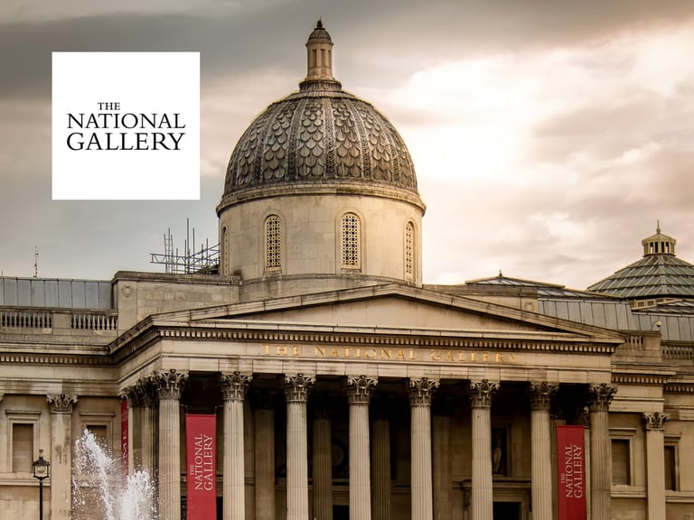 The National Gallery Building In London, Showcasing Its Iconic Neoclassical Architecture With A Prominent Dome And Columns, Set Against A Dramatic Sky.