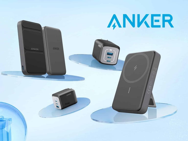 Anker Charging Products Displayed On A Blue Background, Featuring A Wireless Charger, Portable Power Bank, And Wall Charger, Showcasing Innovative Design And Technology For Efficient Power Solutions.