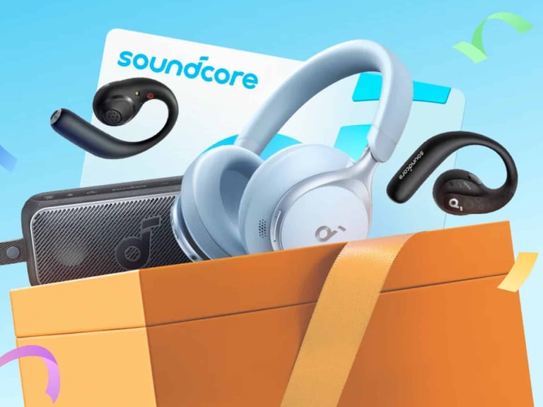 Image Showcasing Soundcore Audio Products, Including Wireless Headphones, Earbuds, And A Charging Case, Presented In An Open Box Against A Vibrant Background With Colorful Confetti.