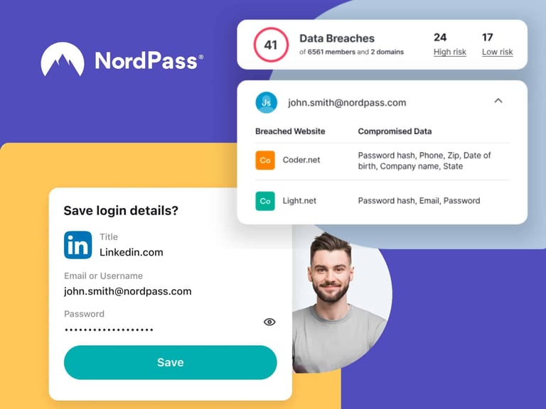 Nordpass Password Manager Interface Displaying A Data Breach Alert For An Email Address, With Options For Secure Login And Account Management. The Image Features A User Profile And Highlights The Importance Of Password Security.
