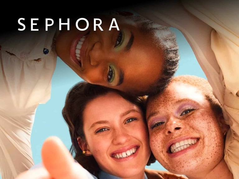 Three Diverse Women Smiling And Posing Together, Showcasing A Sense Of Friendship And Joy, With A Bright Blue Background. Sephora Branding Featured Prominently At The Top.