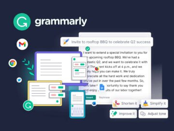Grammarly interface showcasing writing assistance tools, including grammar checks, style suggestions, and plagiarism detection, with various document formats displayed on a dark background.