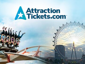 Image featuring a roller coaster ride alongside a Ferris wheel, with the AttractionTickets.com logo prominently displayed. This visual represents exciting attractions and ticket purchasing options for theme parks and entertainment venues.