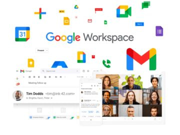 Image depicting Google Workspace, featuring various applications like Gmail and Google Meet, alongside a user interface showing a contact list and a grid of team members' photos, showcasing collaboration tools for productivity.