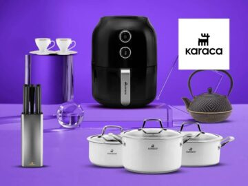 Modern kitchen appliances and cookware displayed on a vibrant purple background, featuring an air fryer, white cooking pots, a knife set, a teapot, and coffee cups, with the Karaca logo prominently featured.