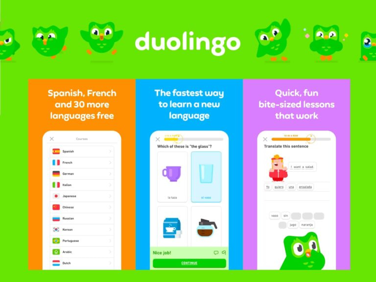 Duolingo Language Learning App Showcasing Its Features, Including Options To Learn Spanish, French, And Over 30 Other Languages, With Engaging Lessons Displayed On Colorful Screens.