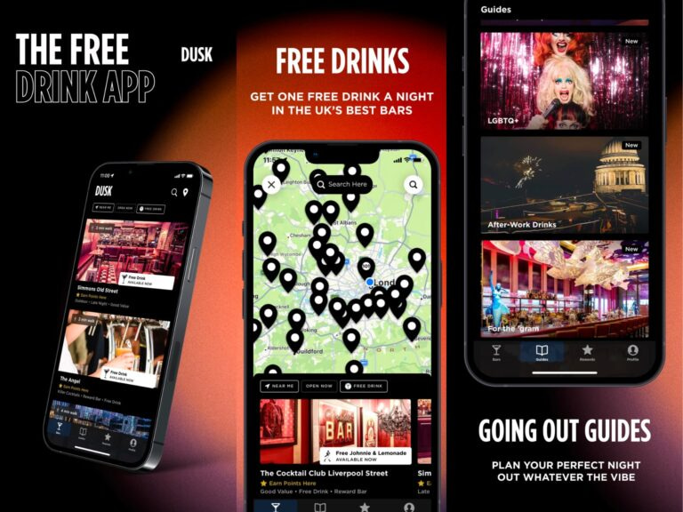 Mobile App Advertisement Showcasing Features For Finding Free Drinks And Exploring Nightlife. The Screen Displays A Map With Locations, Promotional Offers For Free Drinks, And Guides For Going Out.
