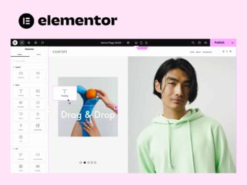 A screenshot of the Elementor website builder interface showcasing a male model wearing a light green hoodie. The left panel displays design options, while the right side features a colorful image of a person holding vibrant paint.