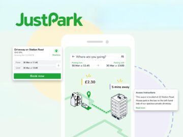 JustPark mobile app interface showcasing parking options and pricing, with a map indicating available spaces near a building, designed for easy parking management and booking.