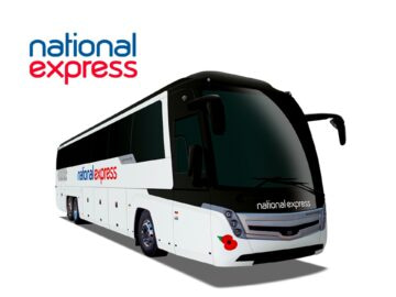 National Express coach in white with a modern design, featuring the National Express logo prominently displayed. Ideal for long-distance travel and intercity transportation in the UK.