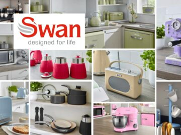 Collage of Swan kitchen appliances including kettles, toasters, and a stand mixer, showcasing a modern kitchen aesthetic with vibrant colors and stylish designs.