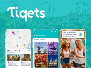 Tiqets mobile app interface showcasing a map, popular attractions in Amsterdam, and images of visitors enjoying their experience, set against a vibrant background.