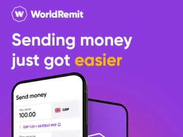 WorldRemit promotional image showcasing a mobile app interface for sending money easily, featuring a purple background and the message "Sending money just got easier."