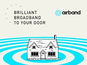 Illustration of a house surrounded by blue waves, promoting Airband's broadband services with the tagline "Brilliant Broadband to Your Door."