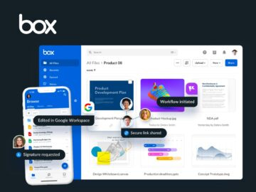 Box cloud storage interface displayed on a desktop and mobile device, showcasing file management features, collaboration tools, and user-friendly design elements.