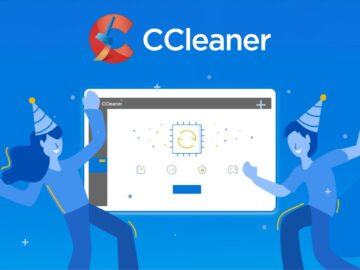 CCleaner promotional image featuring two animated characters celebrating in front of a computer screen displaying the CCleaner interface, with a blue background and the CCleaner logo at the top.