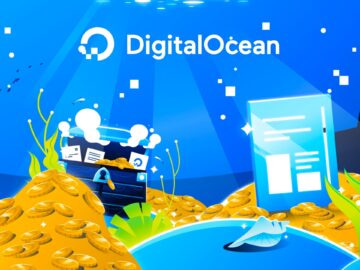 DigitalOcean logo with a vibrant underwater scene featuring treasure chests, documents, and marine elements, symbolizing cloud computing and digital innovation.