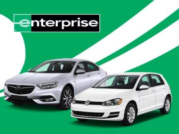 Two rental cars, a silver sedan and a white hatchback, are displayed against a green background featuring the Enterprise logo. The image promotes car rental services.