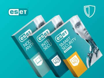 ESET antivirus software products displayed on a vibrant teal background, featuring boxes for ESET NOD32 Antivirus, ESET Internet Security, and ESET Smart Security, along with the ESET logo and a shield icon for enhanced cybersecurity.