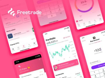 Screenshots of the Freetrade app interface showcasing various features, including stock market tracking, investment analytics, and user account information, all presented on a vibrant pink background.