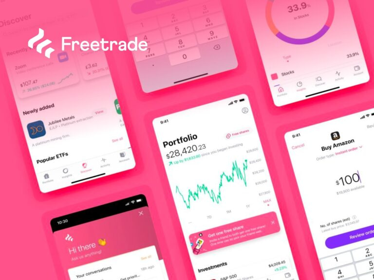 Screenshots Of The Freetrade App Interface Showcasing Various Features, Including Stock Market Tracking, Investment Analytics, And User Account Information, All Presented On A Vibrant Pink Background.