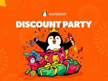 Colorful illustration of a penguin wearing a crown and holding party items, surrounded by various gift boxes, promoting a discount party event with a vibrant orange background.