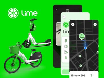 Lime electric bike next to smartphones displaying the Lime app interface on a vibrant green background, showcasing urban transportation options and navigation features.