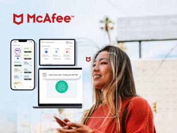A woman smiling while holding a smartphone, with McAfee branding and digital security interfaces displayed on a laptop and mobile screen in the background, illustrating cybersecurity solutions for personal devices.