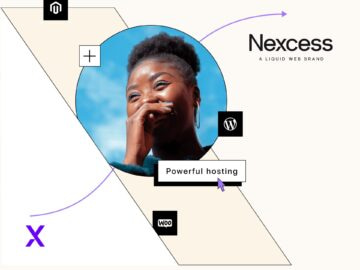 A woman smiling and laughing against a blue sky background, with graphic elements highlighting "Powerful Hosting" and the Nexcess brand logo.