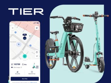 Image of a TIER mobility app displaying a map and available electric scooter and bike options in a vibrant teal color. The app interface shows location and ride details, promoting eco-friendly transportation solutions.