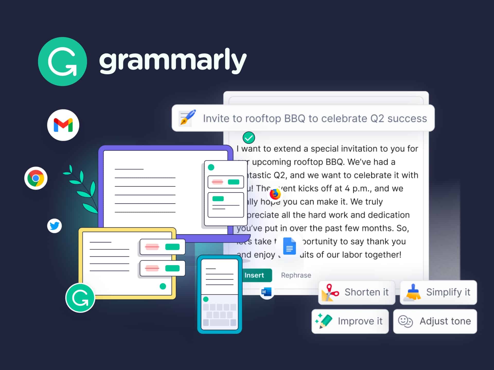 Grammarly interface showcasing writing assistance tools, including grammar checks, style suggestions, and plagiarism detection, with various document formats displayed on a dark background.