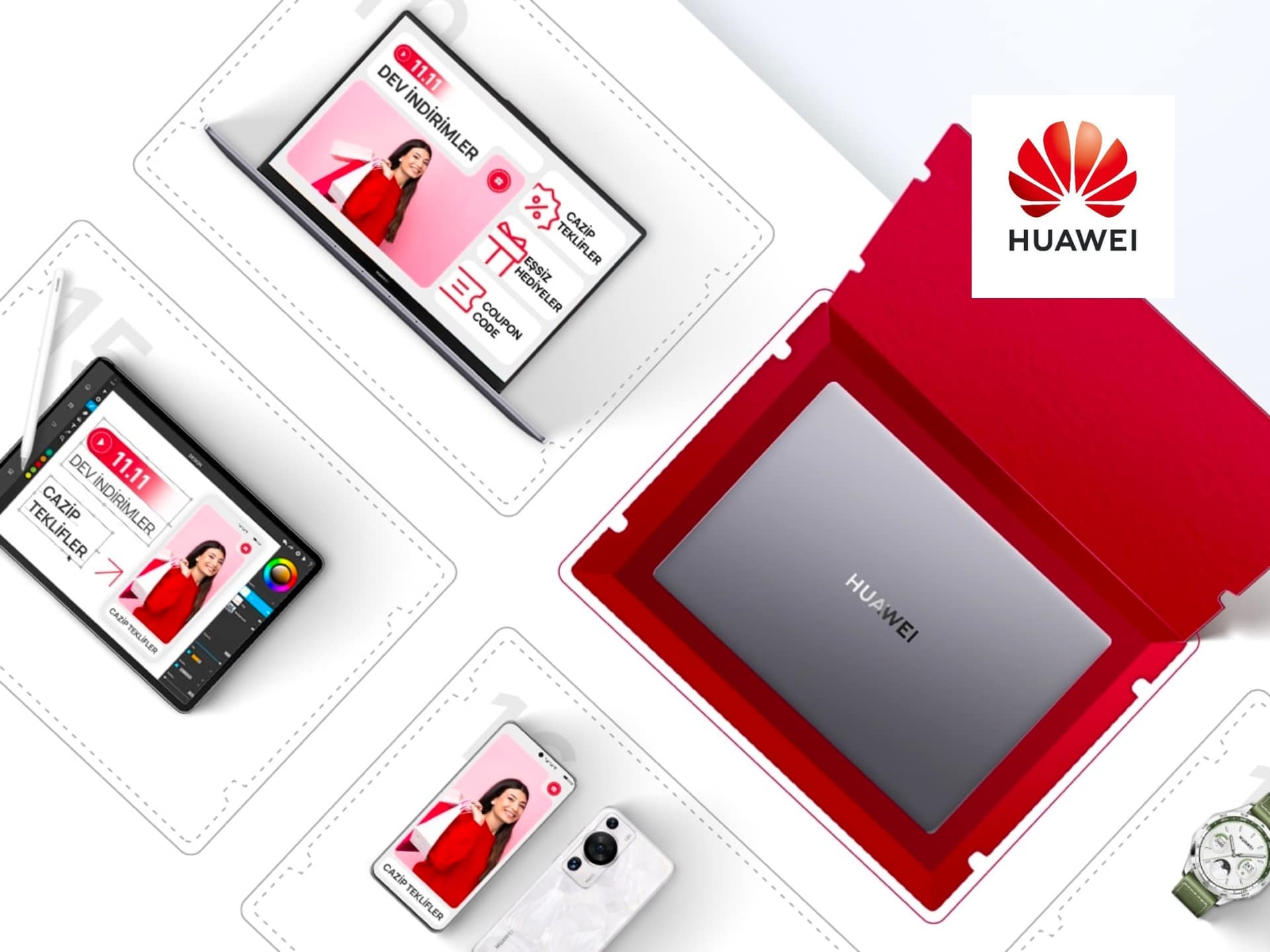 Huawei Laptop And Devices Displayed In A Stylish Layout, Featuring A Sleek Silver Laptop, A Tablet, And Accessories, All Branded With The Huawei Logo. Ideal For Showcasing Modern Technology And Design.