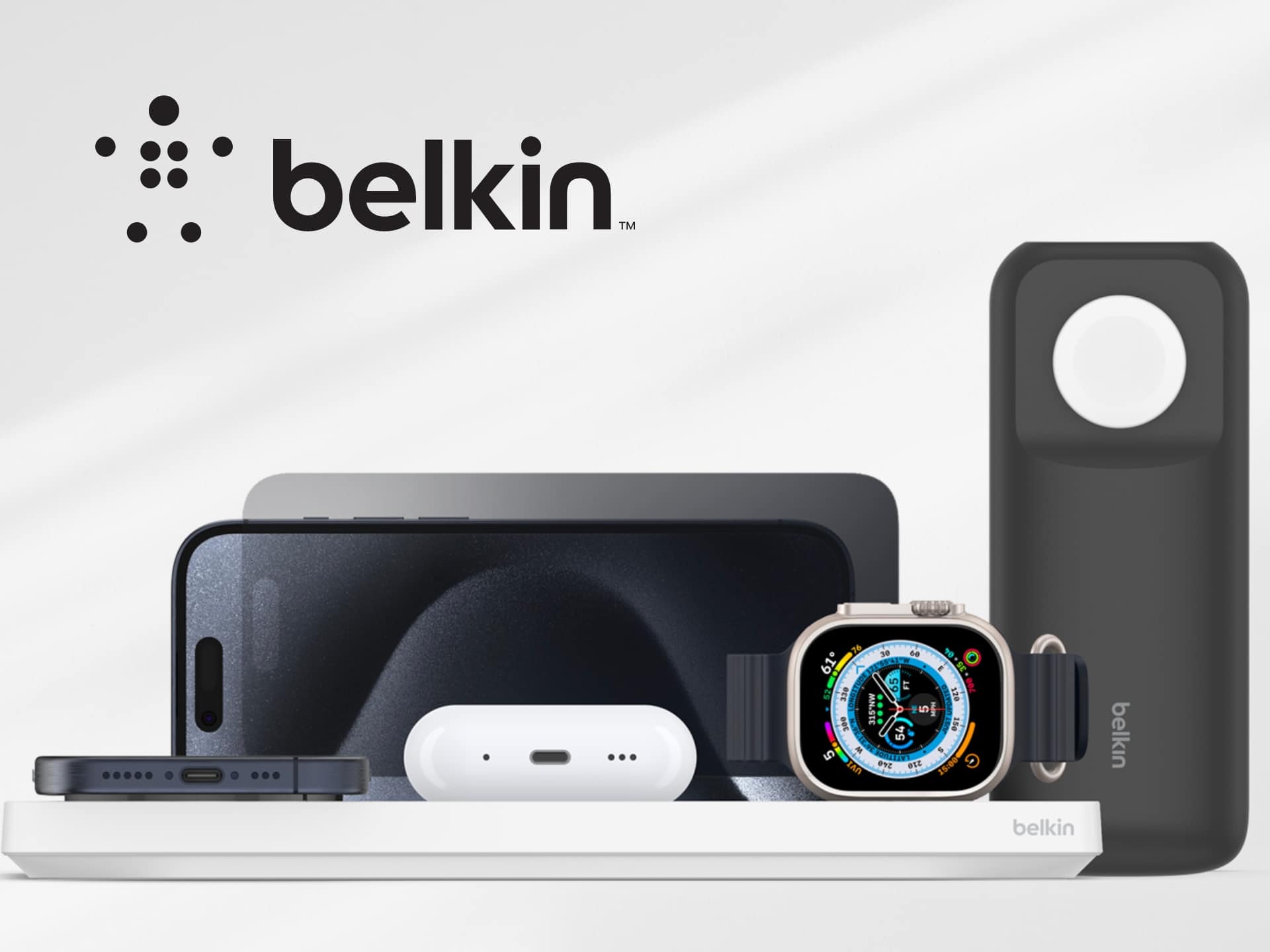 Belkin product lineup featuring a wireless charging pad, smartphone case, AirPods, and smartwatch, showcasing modern tech accessories designed for convenience and style.