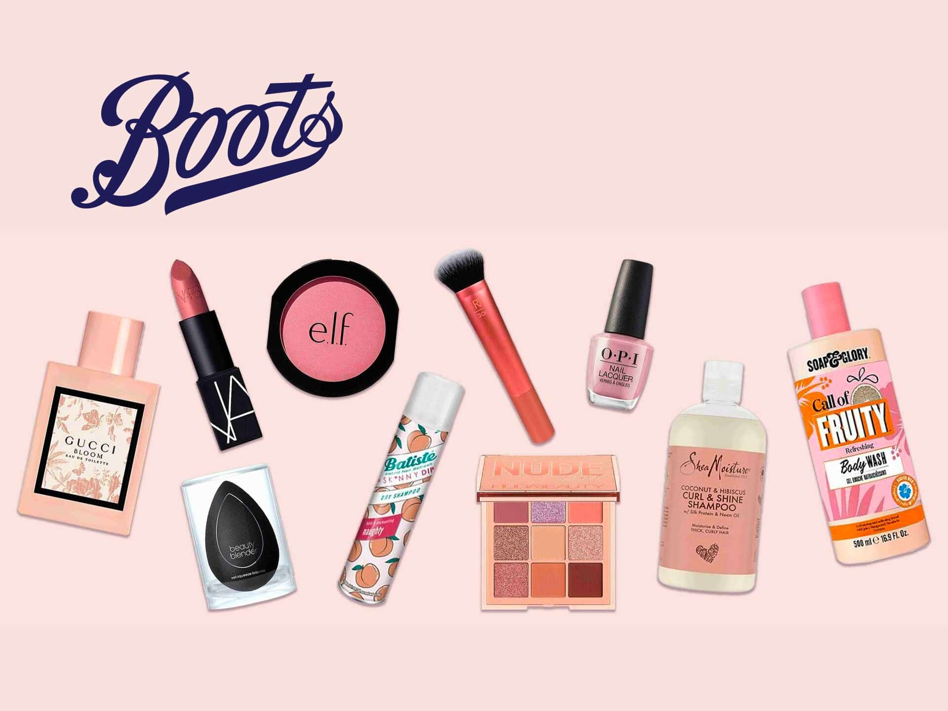 Assorted beauty products displayed on a pink background, featuring items like lipstick, blush, nail polish, and skincare from Boots.