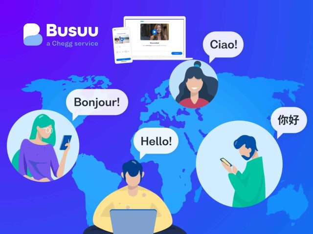 Busuu mobile app interface showcasing language learning lessons and progress. Focus on interactive exercises and vocabulary building.