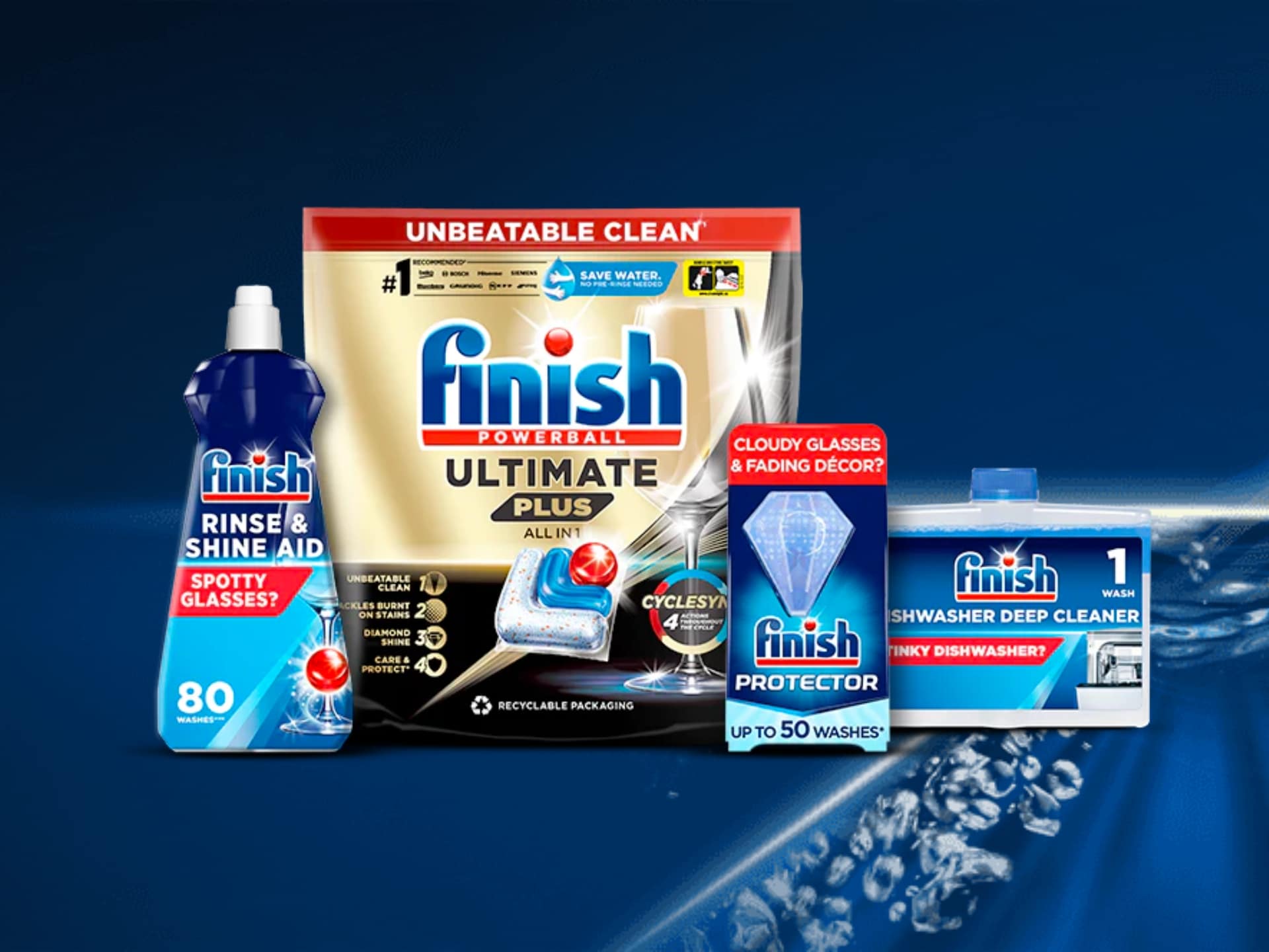 Assorted Finish Dishwasher Products Including Ultimate Clean Detergent, Rinse Aid, And Powerball Tablets Against A Blue Background.