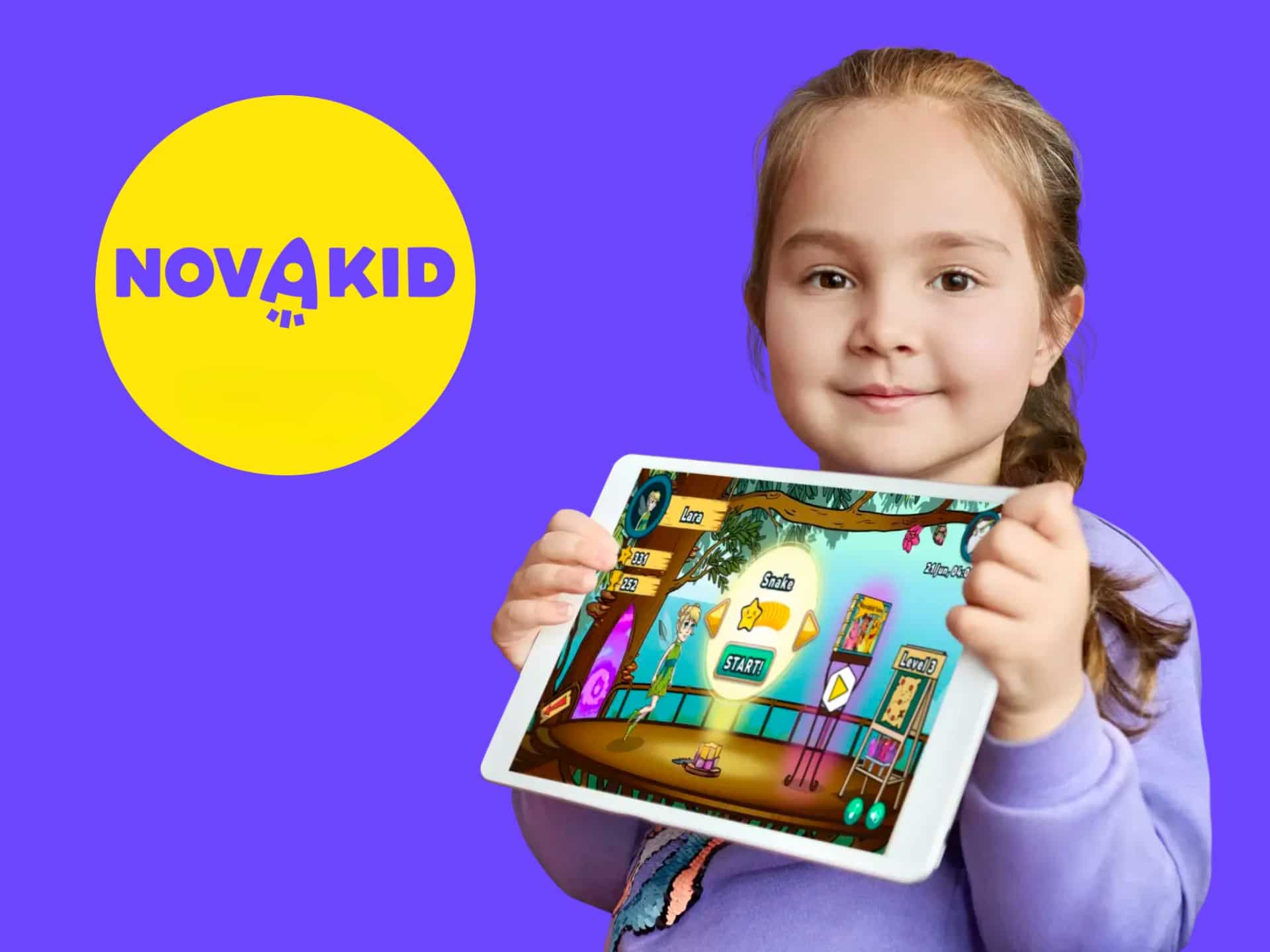 Child engaging with educational content on a tablet, showcasing the NOVAKID logo, against a vibrant purple background.