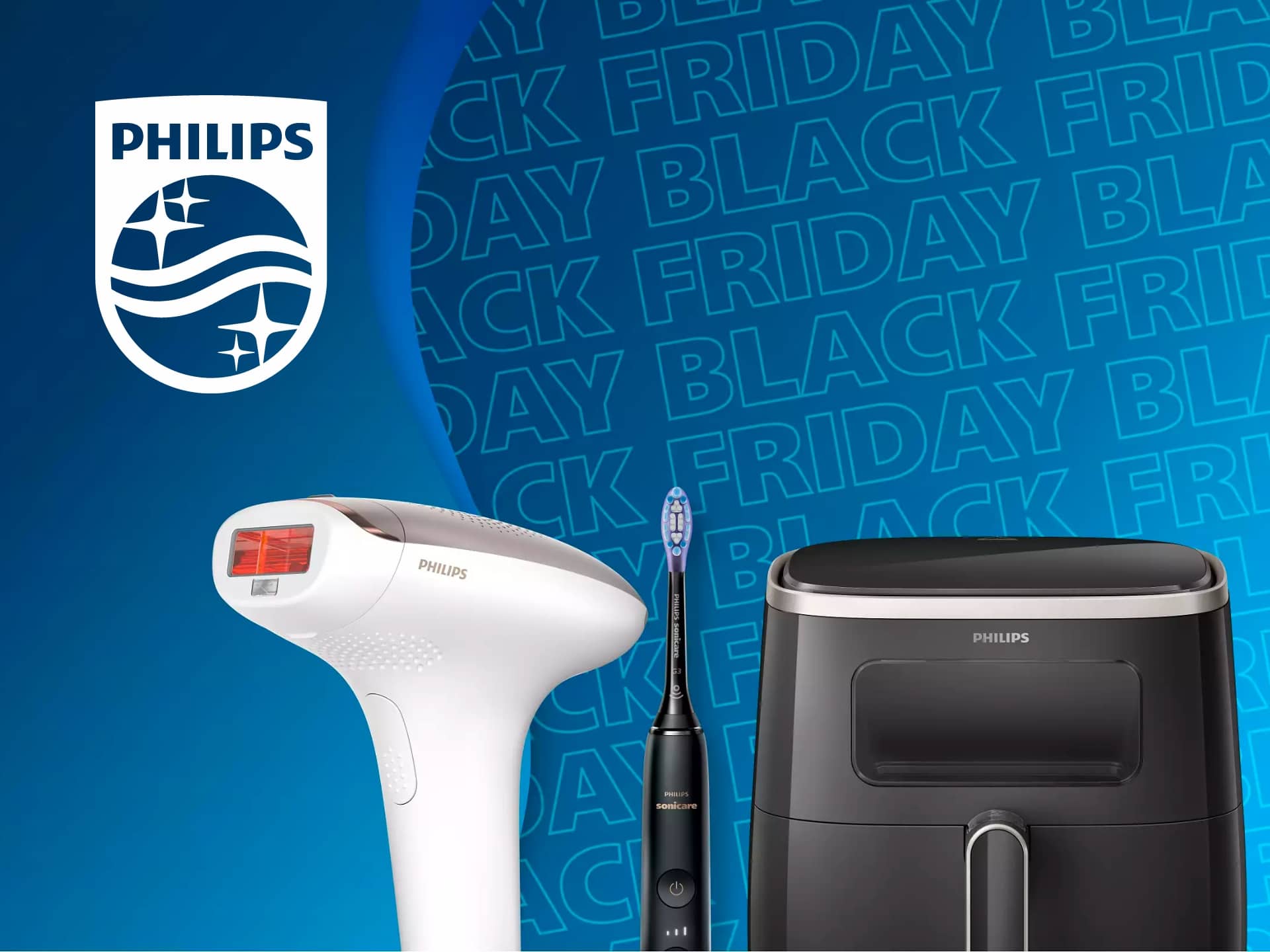 Philips Black Friday Promotional Image Featuring A Hair Removal Device, Electric Toothbrush, And Air Fryer Against A Blue Background With The Philips Logo.